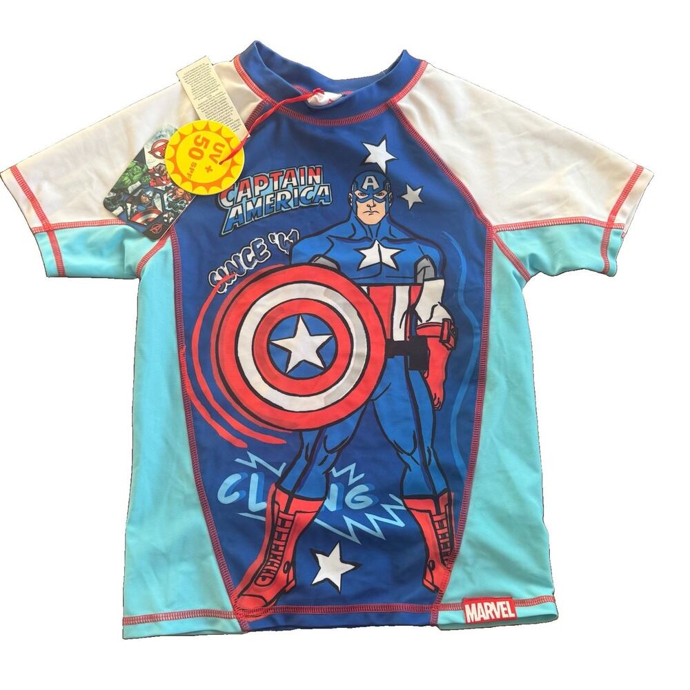 Marvel Captain America Boys Size 8 Rash Guard Swim Shirt Short Sleeve NWT